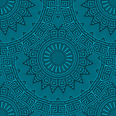 Round tiled zigzag mandalas seamless pattern. Tribal ethnic greek style background. Repeat vector backdrop. Modern grunge ornaments with greek key, meanders, frames, borders, radial shapes, zig zag
