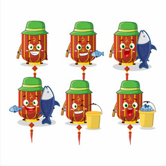 A fisherman red chinese long lamp cartoon picture catch a big fish