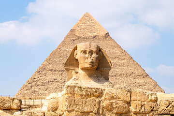 Khafra's Pyramid and Great Sphinx. Necropolis on El-Giza plateau. Cairo, Egypt. The Second Pyramid...