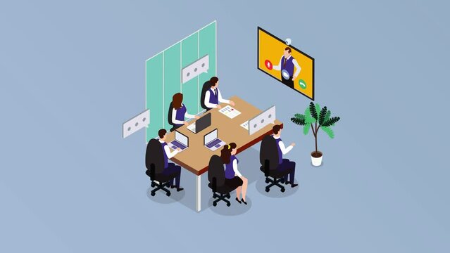 Male boss having meeting online with employees