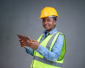 Studio portrait of a happy African Nigerian career lady or female engineer wearing a yellow safety helmet, reflective jacket and holding a tablet phone in her hands
