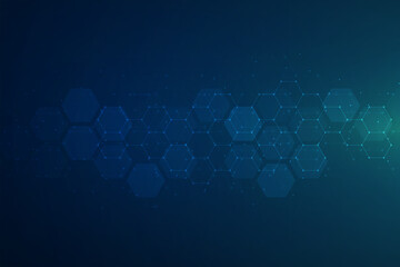 Hexagons pattern on blue background. Genetic research, molecular structure. Chemical engineering. Concept of innovation technology. Used for design healthcare, science and medicine background