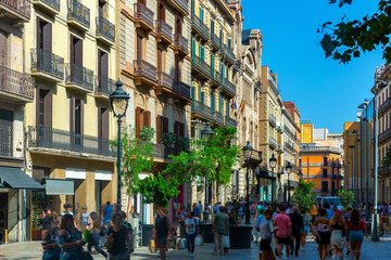 View of Portal del Angel, most visited pedestrian street in large shopping area of Barcelona on sunny summer day, Spain © JackF