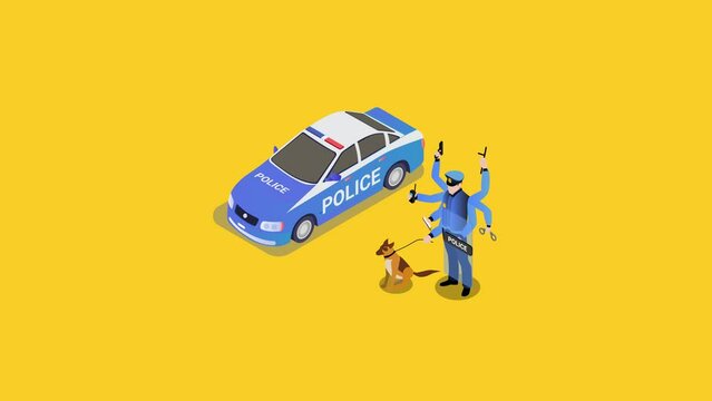 Policeman doing multitask near the car
