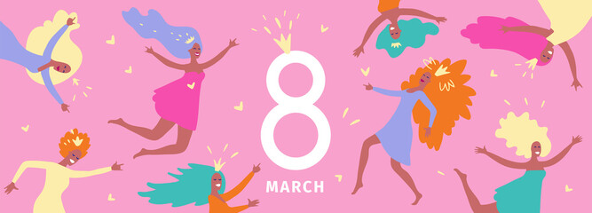 March 8. Horizontal background for international women's day. Concept. Women's rights and femininity day. Greeting card, banner for sale and promo. Beautiful happy woman with crown and eight. Vector.