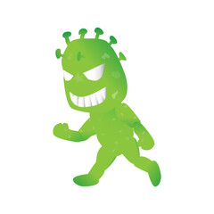 a green chibi Corona  monster that ready to attack the human body