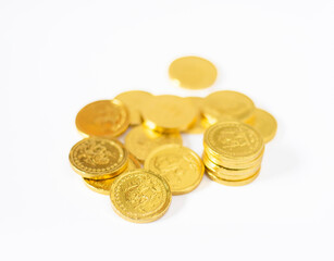 An image isolated group gold coin change for symbol rate for payment finance loan on the white background.