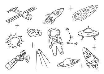 Set of space objects in doodle style isolated on a white background.