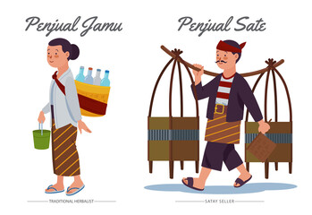 Penjual Sate. The traditional satay seller and Penjual Jamu.The Traditional Herbalist seller, origin of  Indonesia