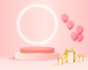 Product display podium on geometric glow. Composition design with gift box and balloons. Pink background