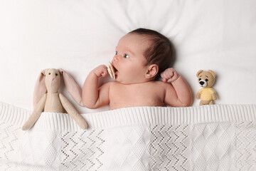 Cute little baby with toys lying under knitted plaid in bed, top view