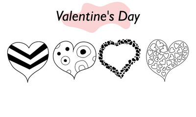 A set of hearts in a linear design. A symbol of love and a Valentine Day holiday. Vector illustration.