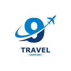 Abstract Number 9  with plane and airline logo vector DESIGN. Suitable for travel label, tourism, journey posters, flight company advertising, airways identity, and tech transportation