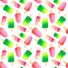 Ice cream seamless pattern watercolor background. Green. Pink. Yellow ice cream
