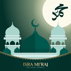 Al-Isra wal Mi'raj Night journey of the Prophet Muhammad. post feed square background. illustration of the mosque at night moonlight