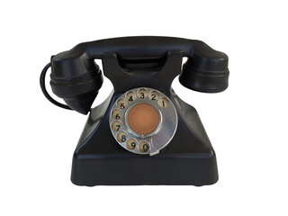 Old black retro finger dial telephone on white background