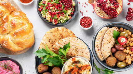 Jewish food on light background.
