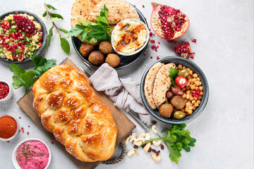 Jewish food on light background.
