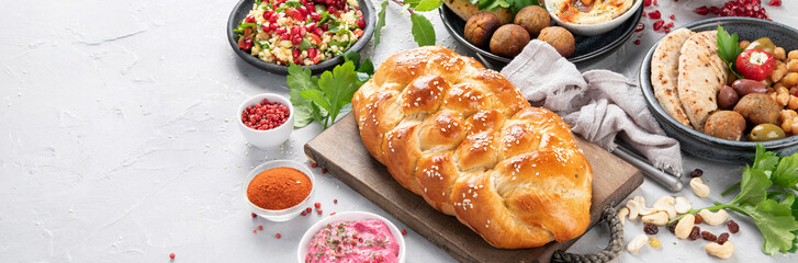 Jewish food on light background.