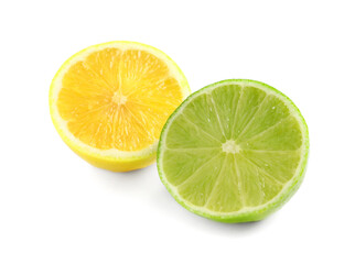 Fototapeta na wymiar Halves of fresh ripe lemon and lime on white background