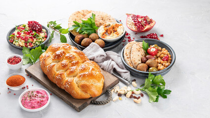 Jewish food on light background.