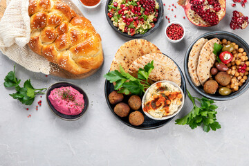 Jewish food on light background.