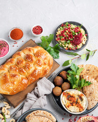 Jewish food on light background.