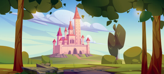 Pink magic castle on green hill, fairy tale palace with turrets and trees around scenery landscape. Rocky road lead to gates of medieval fantasy fortress under blue sky, Cartoon vector illustration © klyaksun