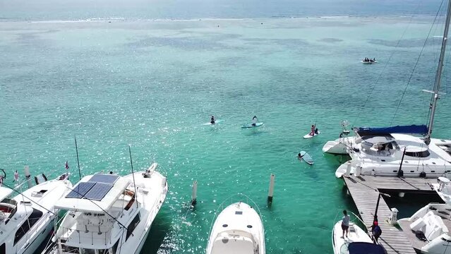 Dominican republic - Boca chica 2022 - drone shot approaching a group of tourists paddle surfing on a beautiful sunny day.