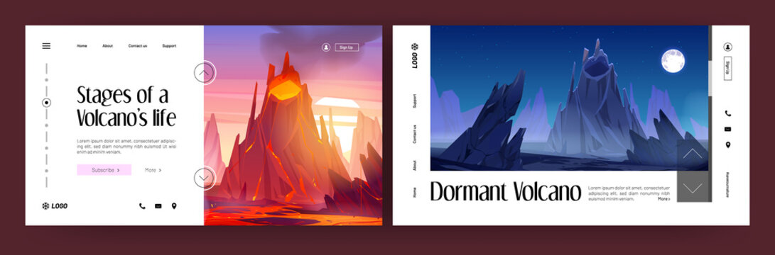 Banners of active and dormant volcanoes. Vector landing pages of volcanic stages with cartoon illustration of mountain with flows of hot lava and smoke and rock with crater at night