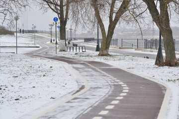 Bike path in in the park in winter.