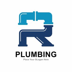 letter r with plumbing pipe logo vector design template. Suitable for pipe service, drainage, sanitation home, and maintenance service company    - obrazy, fototapety, plakaty