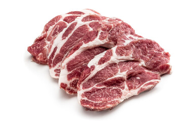Top view of raw pork steaks in row isolated on white background. Raw meat. fresh raw beef lamb. Butchery, market, shop