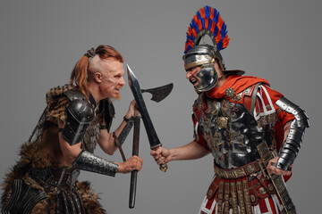 Portrait of war between nordic barbarian and roman soldier