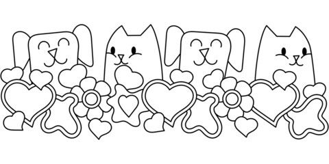 Cute kawaii animals coloring book page, pets flowers and hearts. Horizontal Border for greeting card. Vector