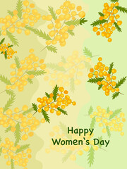 Greeting card. Yellow branch of mimosa. Happy Women's Day. Place for text.