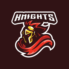 Knight mascot logo design for sports esport team. Knight head helm armor and robe cloak vector icon
