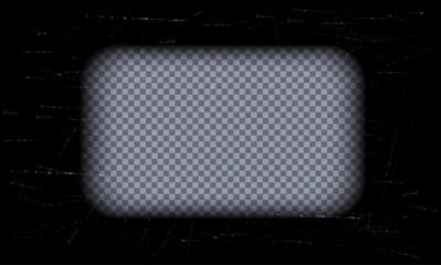 Old black cinematic frame on a transparent background. Scratched vintage video or photo tape. 3d realistic screen in retro style with grunge pattern. Antique slide template. Vector card illustration © A_Y_N