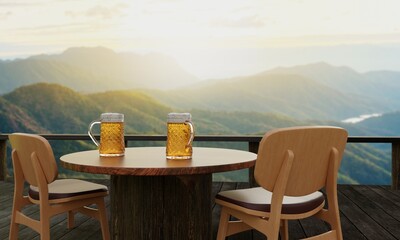 Draft or craft beer in clear glass with beer foam on top Put on set of wooden tables and chairs. Lounge seating on the wooden terrace with mountain background with god light or sunlight.3d rendering