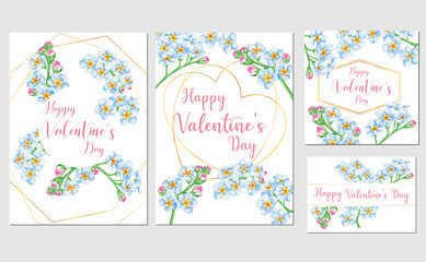 set of valentine's day card designs with hand painted watercolor illustration of forget me not flowers