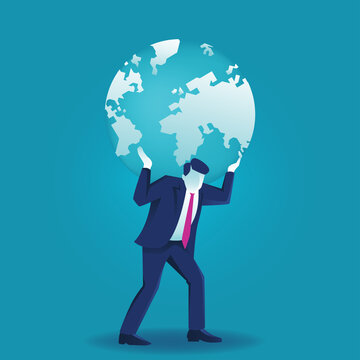 Businessman who is carrying a heavy burden of world vector illustration