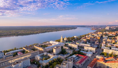 Aerial top view panorama city Perm and Kama river Russia, sunset drone photo - obrazy, fototapety, plakaty