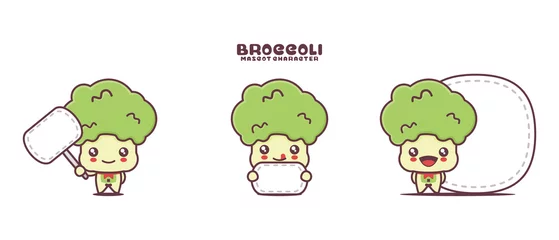 Fotobehang vector broccoli cartoon mascot, vegetable illustration, with blank board banner © yoongart