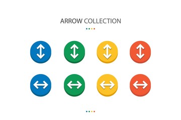 Set of modern up, down, left, right direction 2 way arrow elements with 4 colors circle shape.