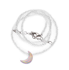Naklejka premium Beautiful handmade beaded necklace with crescent pendant on white background, top view