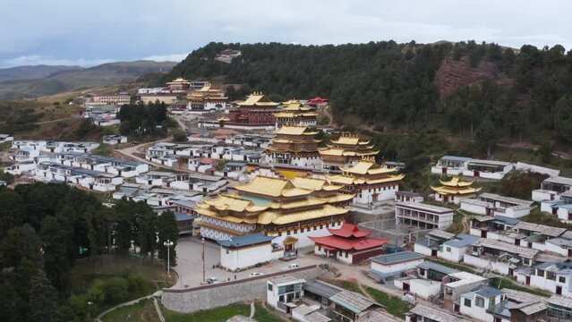 Mountainside Tibetan Buddhism Monastery in Amdo Tibetan region of Western China.