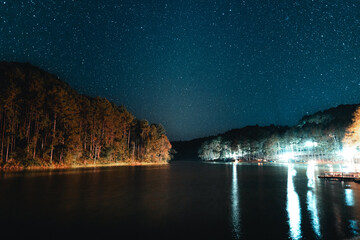 Reservoir and raft pier at night
