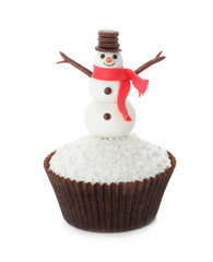 Beautiful Christmas cupcake with snowman isolated on white