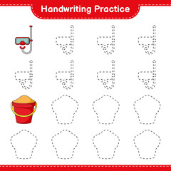 Handwriting practice. Tracing lines of Sand Bucket and Scuba Diving Mask. Educational children game, printable worksheet, vector illustration