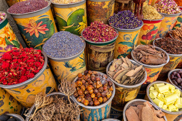 Dubai Spice Souk. Traditional bazaar in Dubai, United Arab Emirates (UAE) Selling a variety of fragrances and spices, herbs.